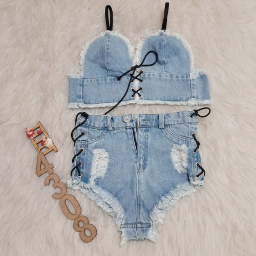 ست کراپ شلوارک جین دو تیکه