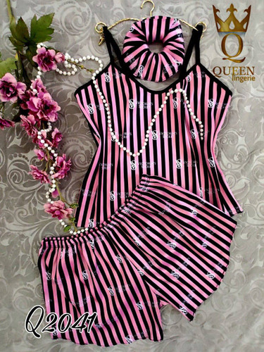 ست تاپ و شورتک ساتن بهمراه اسکرانچی